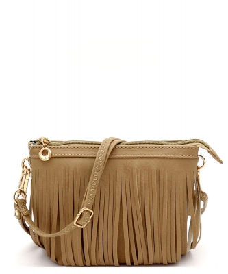 Small Fringe Crossbody Bag with Wrist Strap E091 STONE